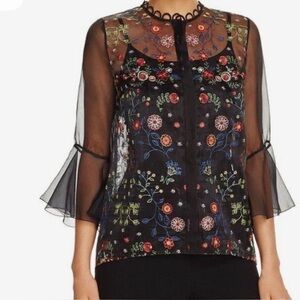 Elite Tahari Reina Embroidered Sheer Blouse size xs